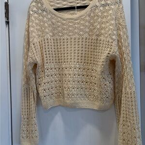 Mango Cream Open-Knit Crochet Crewneck Sweater